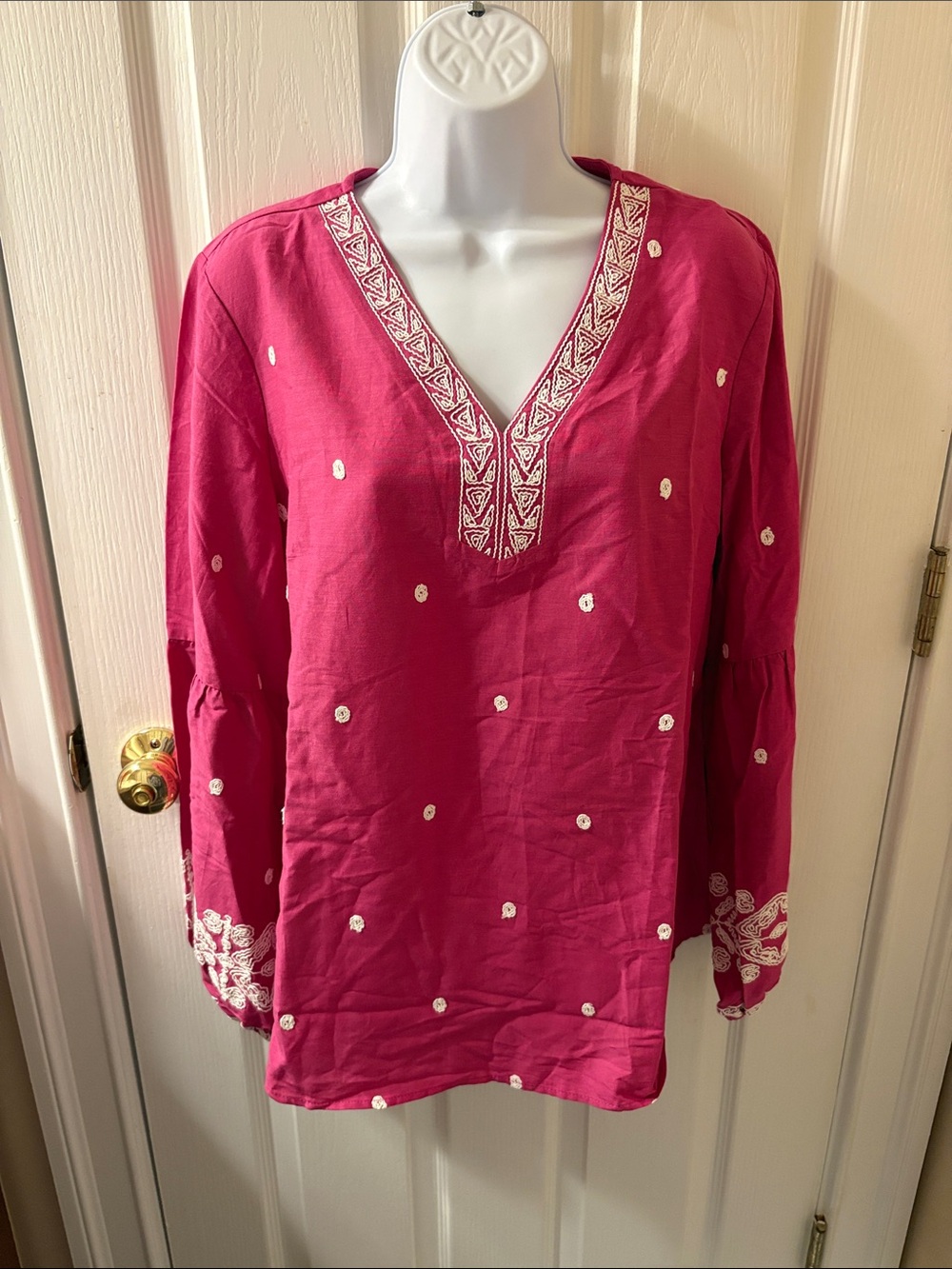 Kim Gravel Boho V-Neck Embroidered Tunic Top - Fuchsia -Size Medium
